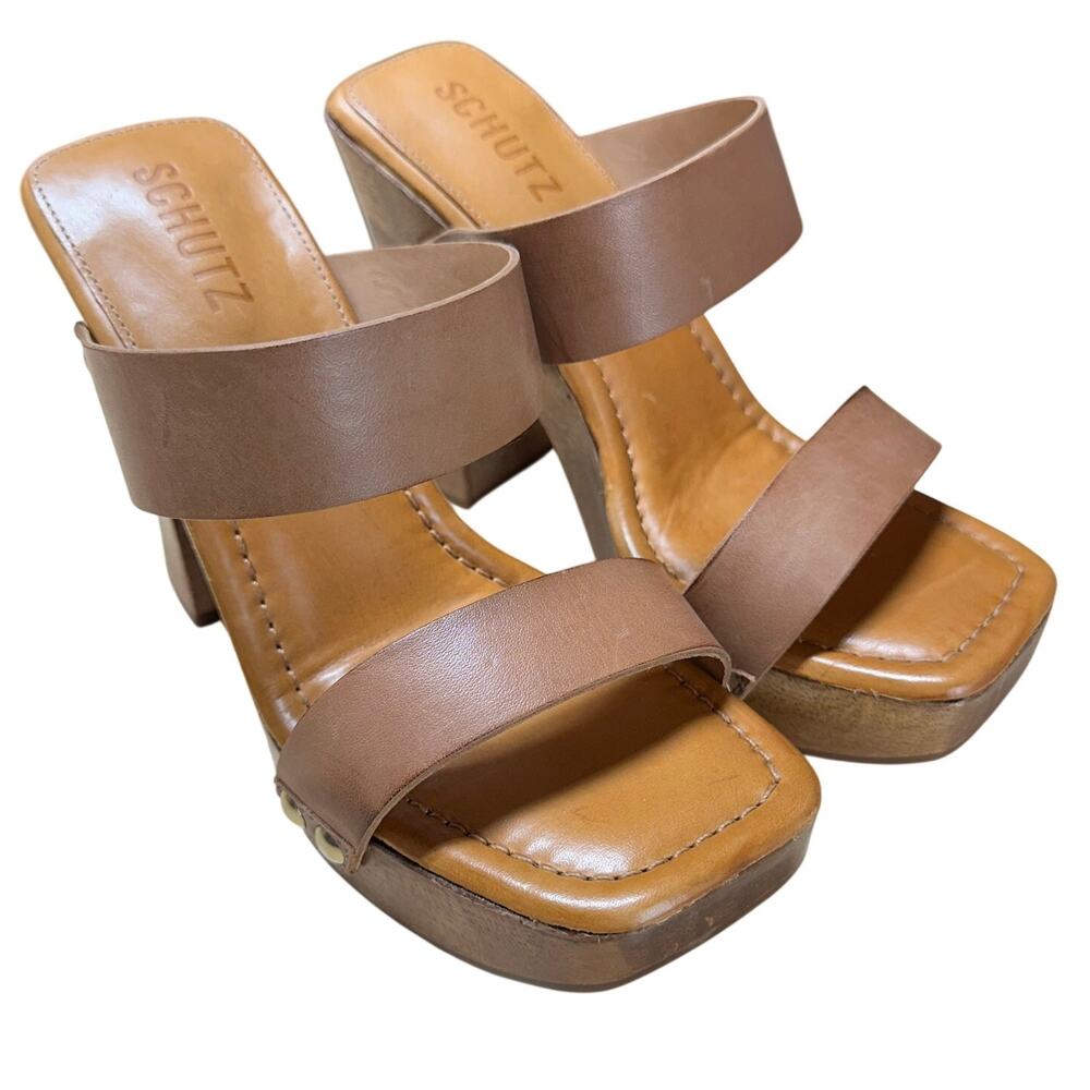 Schutz Wooden Bottom Heeled Sandals Aryana Deep Nude Women's Size 5B NIB